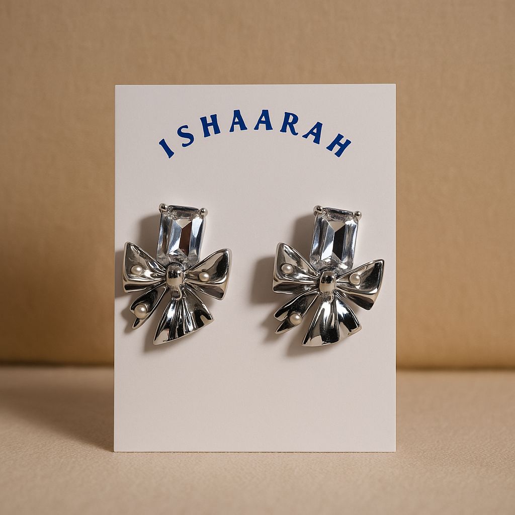 Crystal Bow Pearl Earrings - Silver