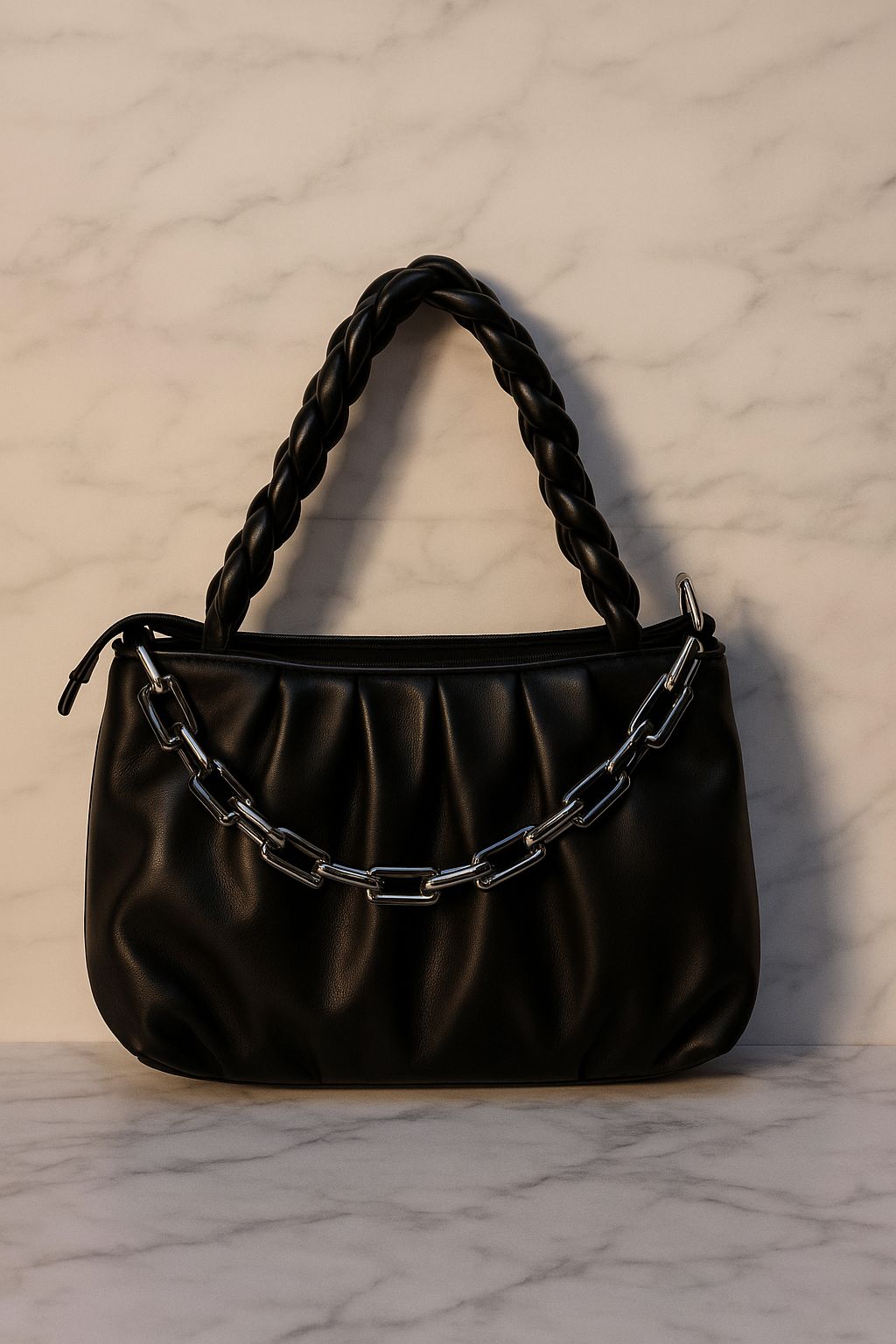 Black Braided Handle Chain Bag