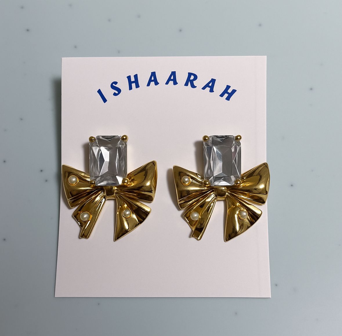 Crystal Bow Pearl Earrings - Golden