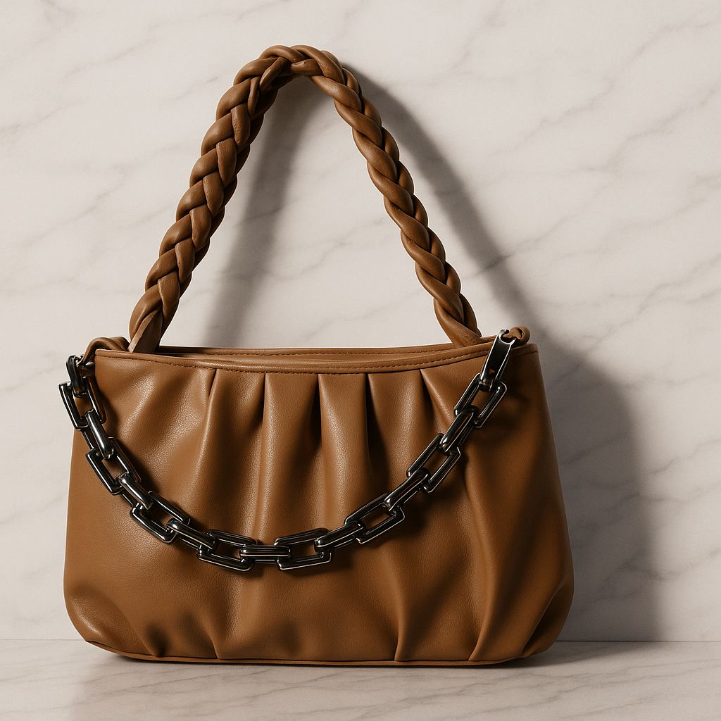 Brown Braided Handle Chain Bag